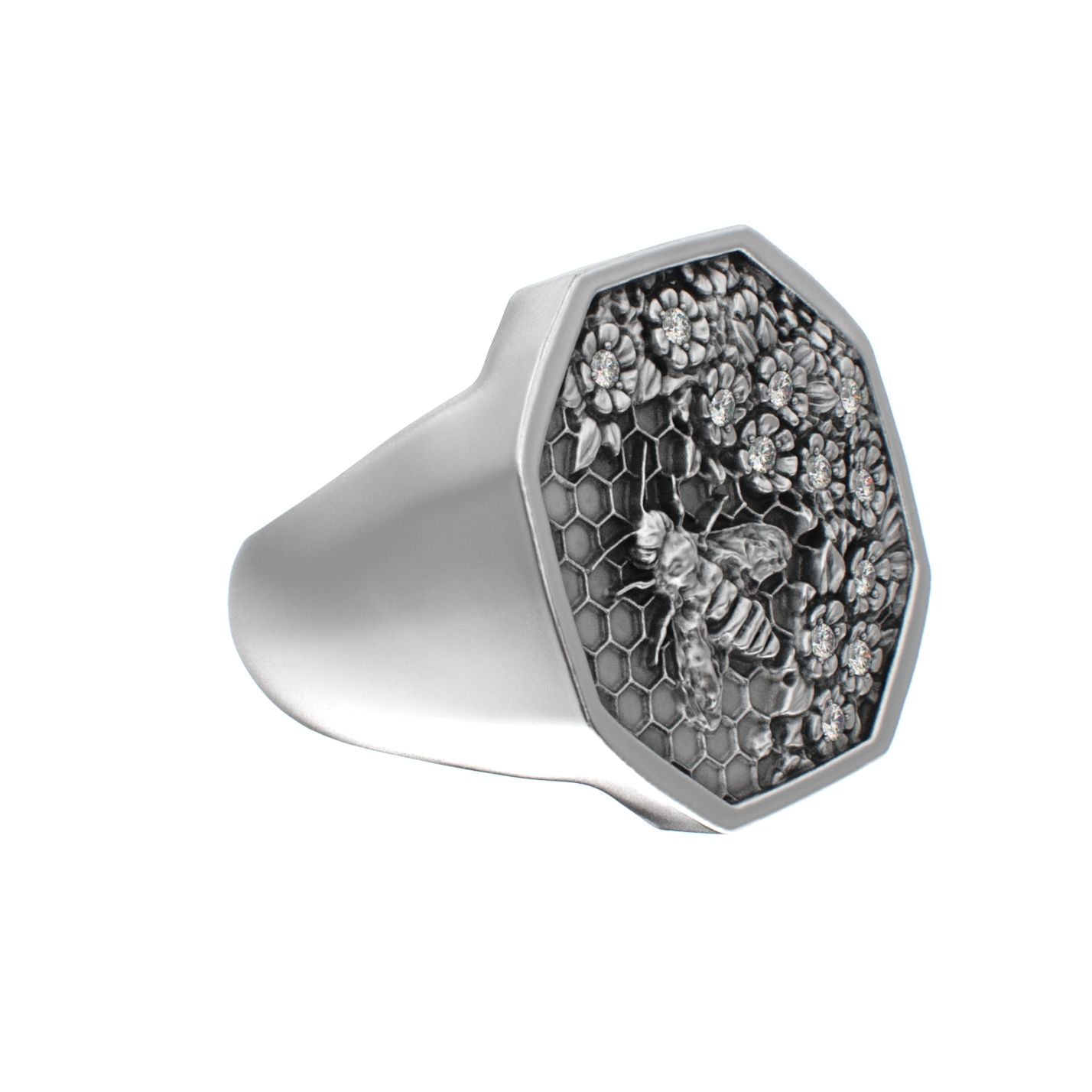 Honeycomb Bee Signet Ring - Moissanites - BeckonJewel