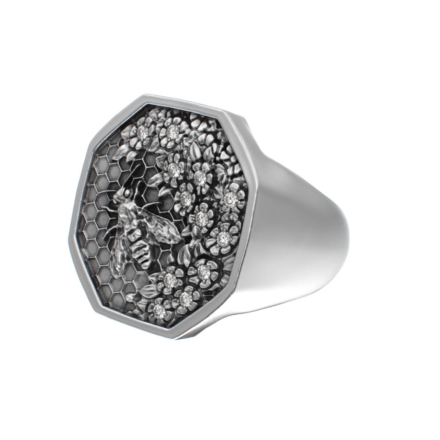 Honeycomb Bee Signet Ring - Moissanites - BeckonJewel