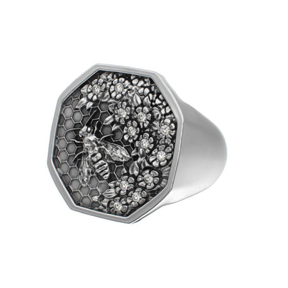 Honeycomb Bee Signet Ring - Moissanites - BeckonJewel