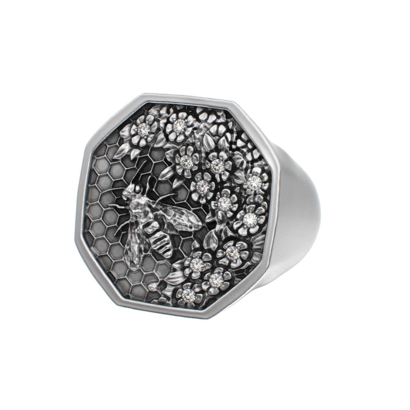 Honeycomb Bee Signet Ring - Moissanites - BeckonJewel