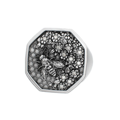 Honeycomb Bee Signet Ring - Moissanites - BeckonJewel