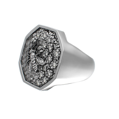 Honeycomb Bee Signet Ring - Moissanites - BeckonJewel