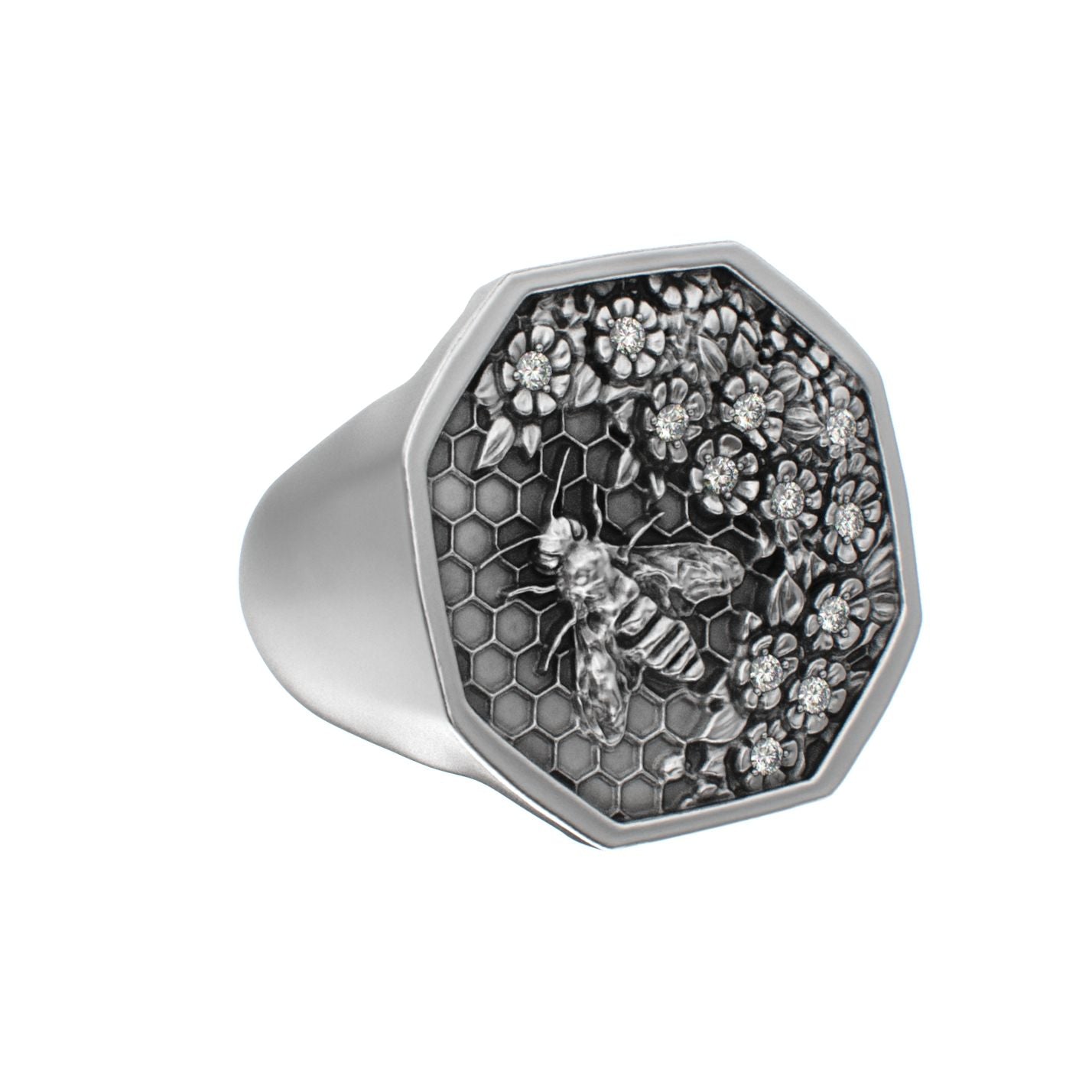 Honeycomb Bee Signet Ring - Moissanites - BeckonJewel