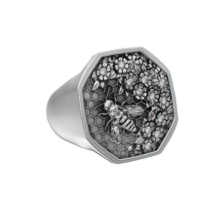 Honeycomb Bee Signet Ring - Moissanites - BeckonJewel