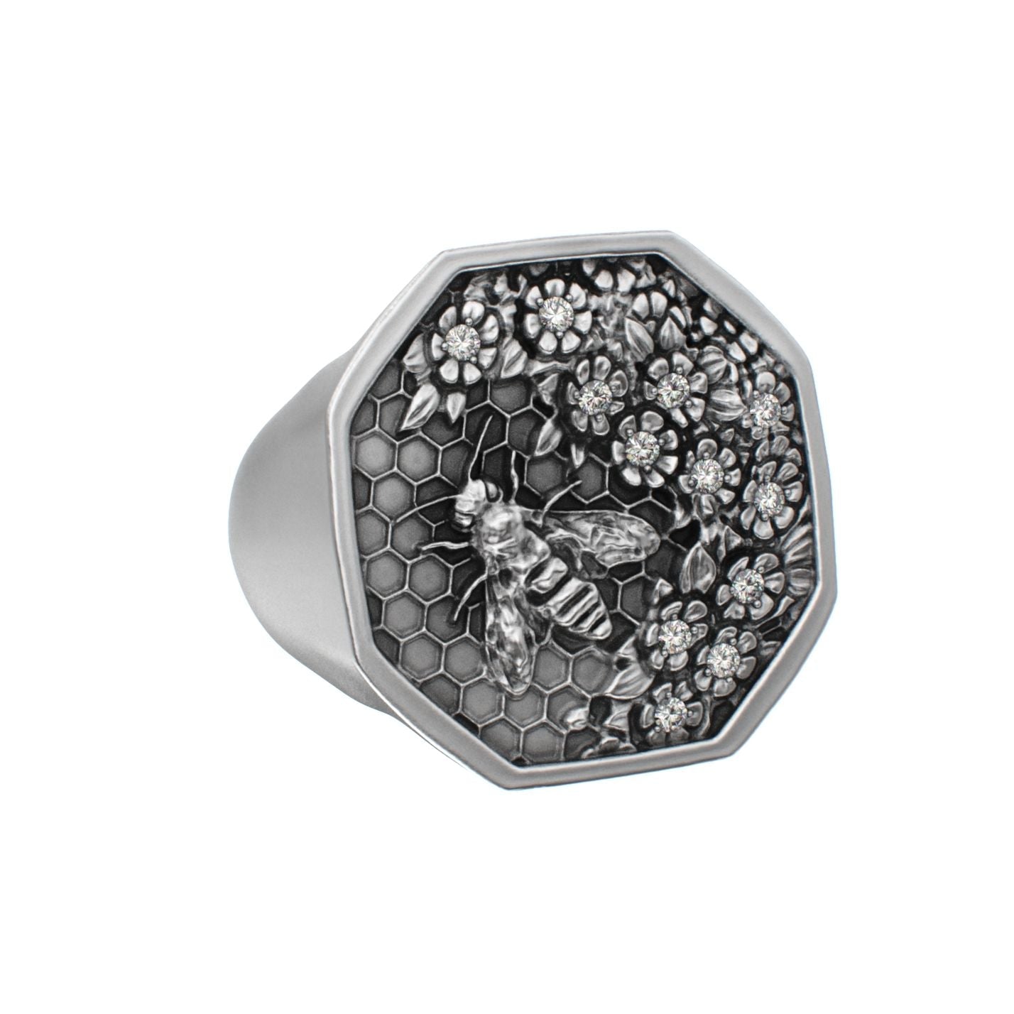 Honeycomb Bee Signet Ring - Moissanites - BeckonJewel