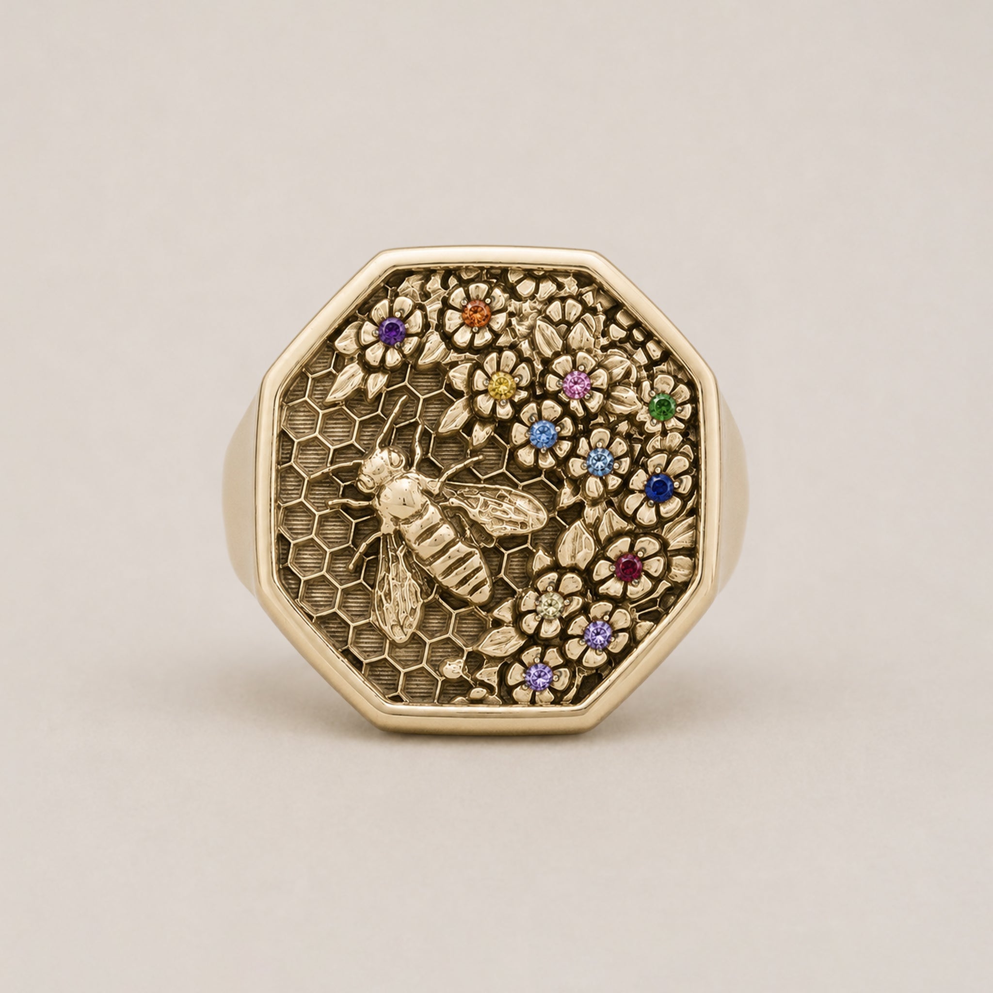 Honeycomb Bee Signet Ring – Multi Sapphire | 9ct Yellow Gold - BeckonJewel