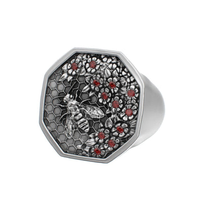 Honeycomb Bee Signet Ring - Ruby - BeckonJewel