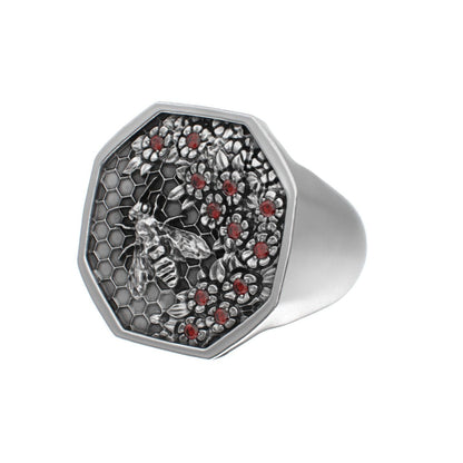 Honeycomb Bee Signet Ring - Ruby - BeckonJewel