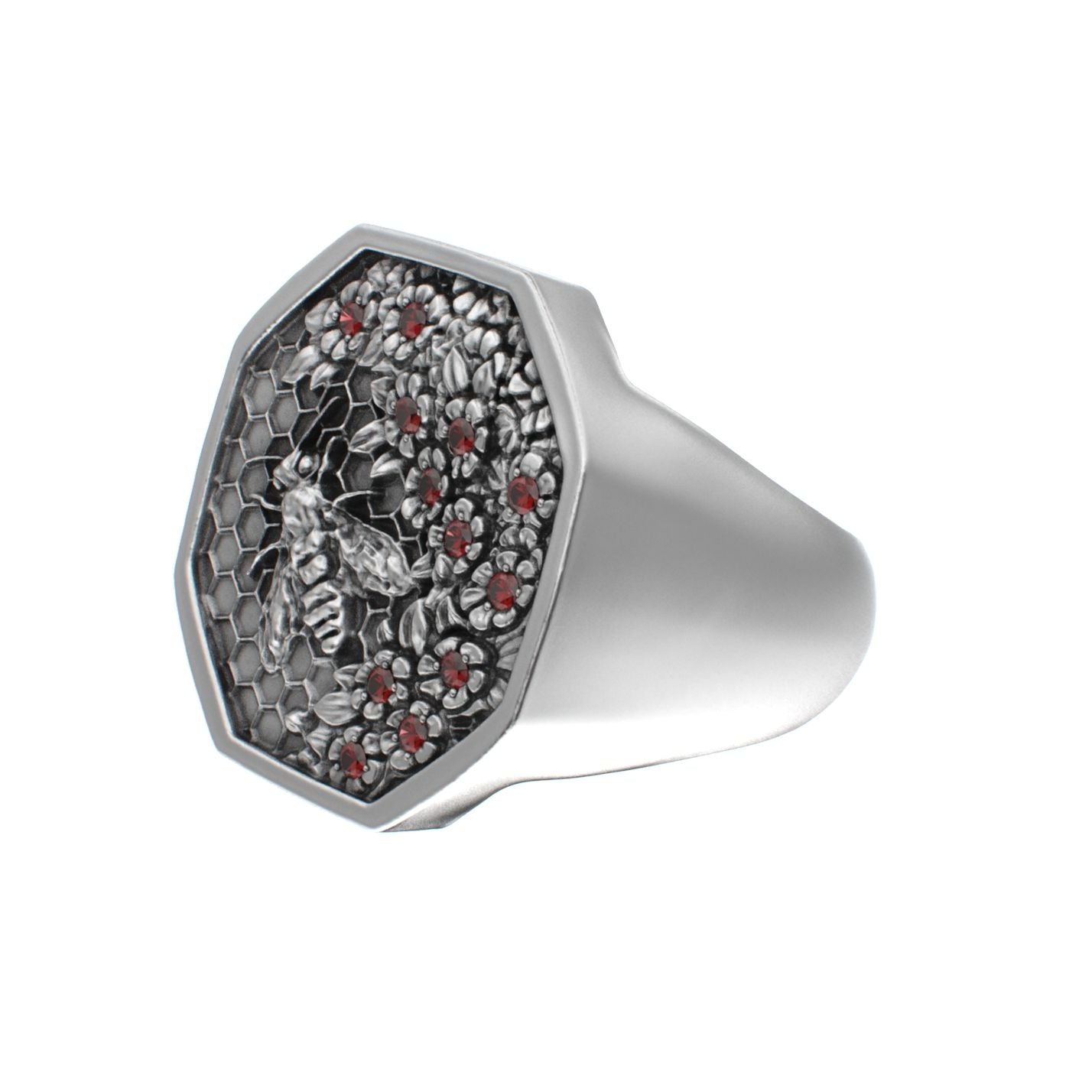 Honeycomb Bee Signet Ring - Ruby - BeckonJewel