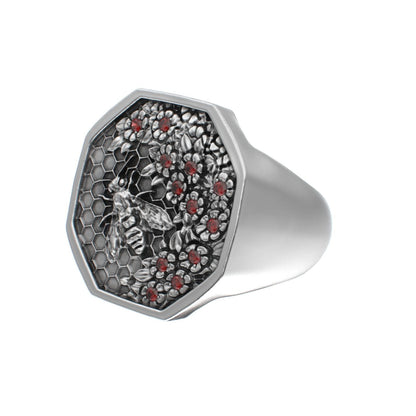 Honeycomb Bee Signet Ring - Ruby - BeckonJewel