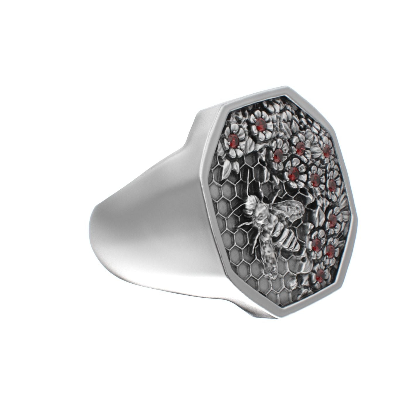 Honeycomb Bee Signet Ring - Ruby - BeckonJewel