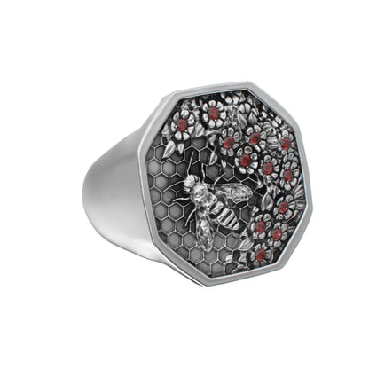 Honeycomb Bee Signet Ring - Ruby - BeckonJewel