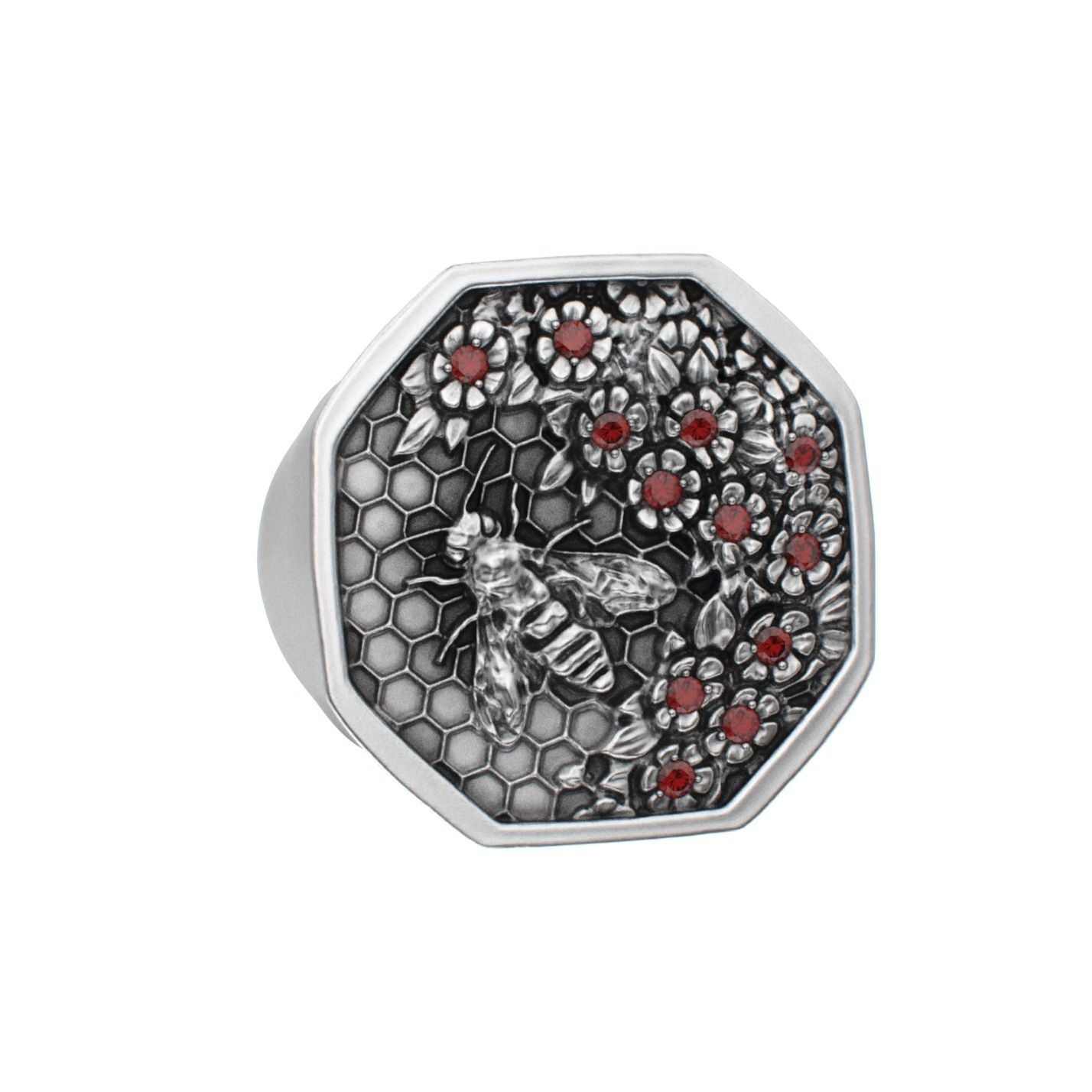 Honeycomb Bee Signet Ring - Ruby - BeckonJewel