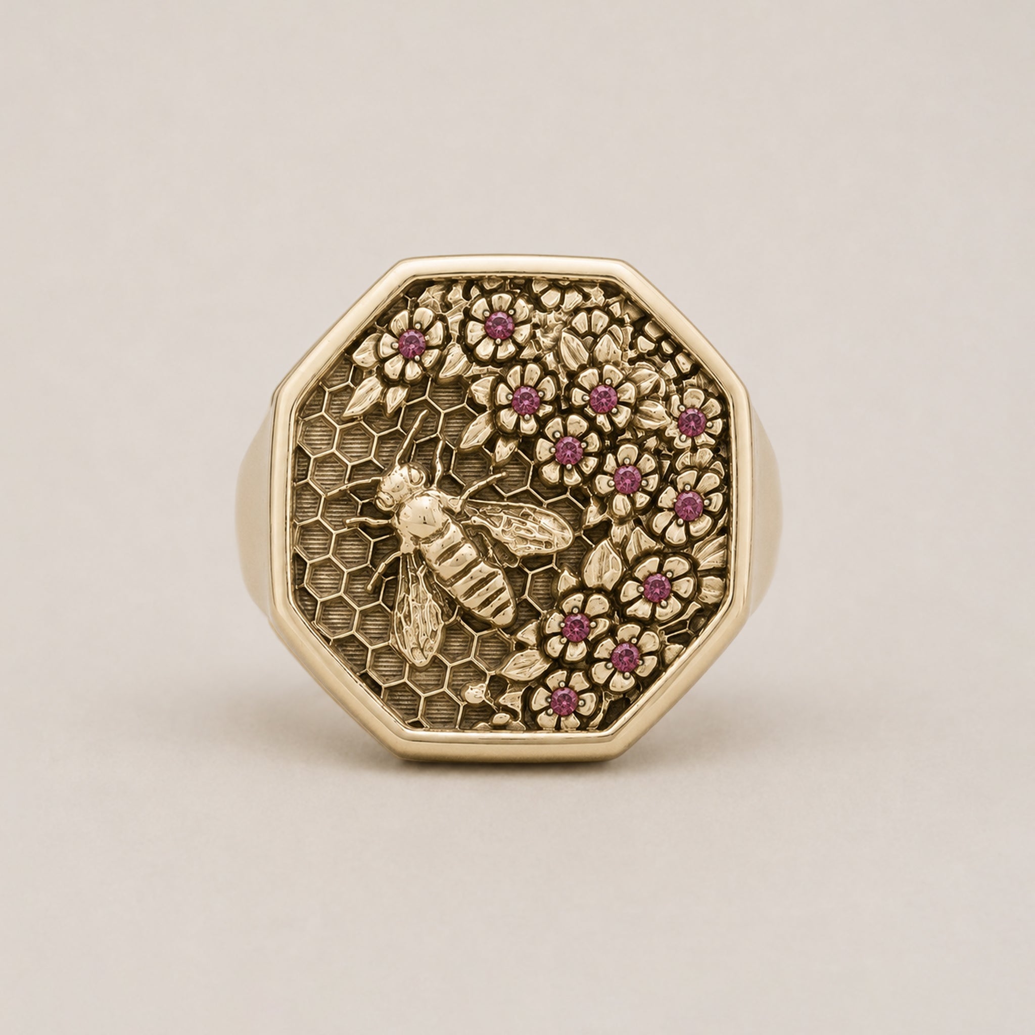 Honeycomb Bee Signet Ring – Ruby | 9ct Yellow Gold - BeckonJewel