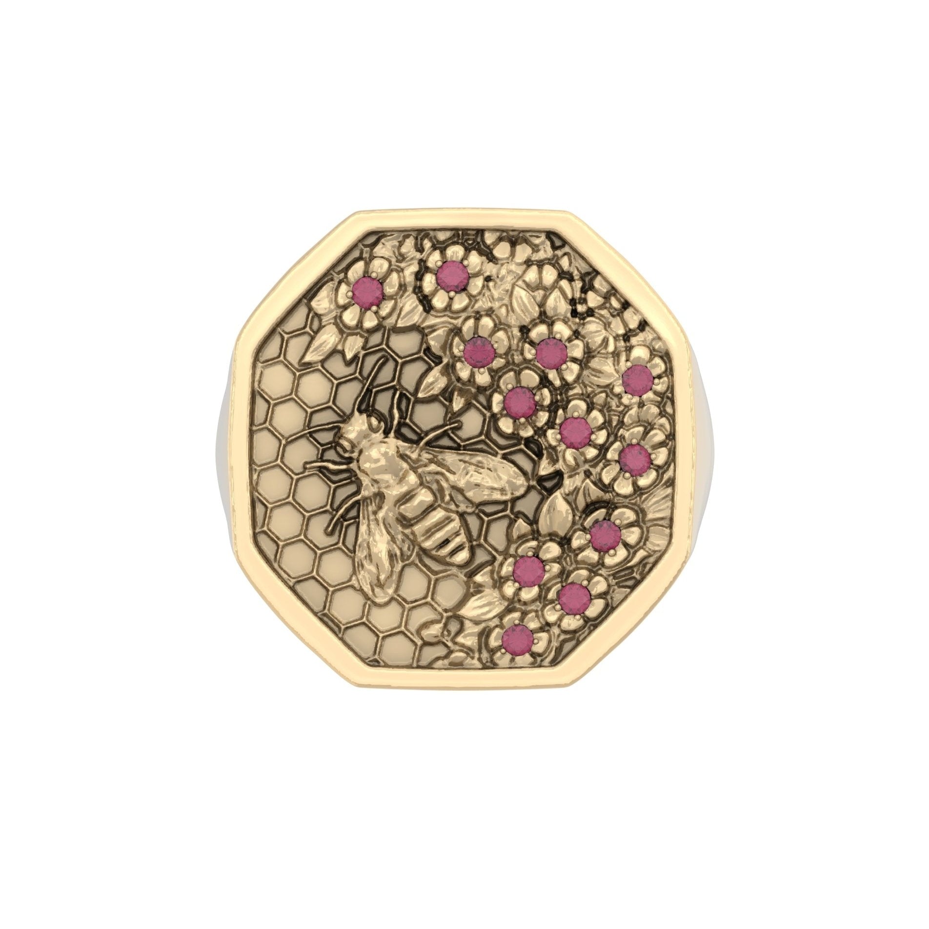Honeycomb Bee Signet Ring – Ruby | 9ct Yellow Gold - BeckonJewel