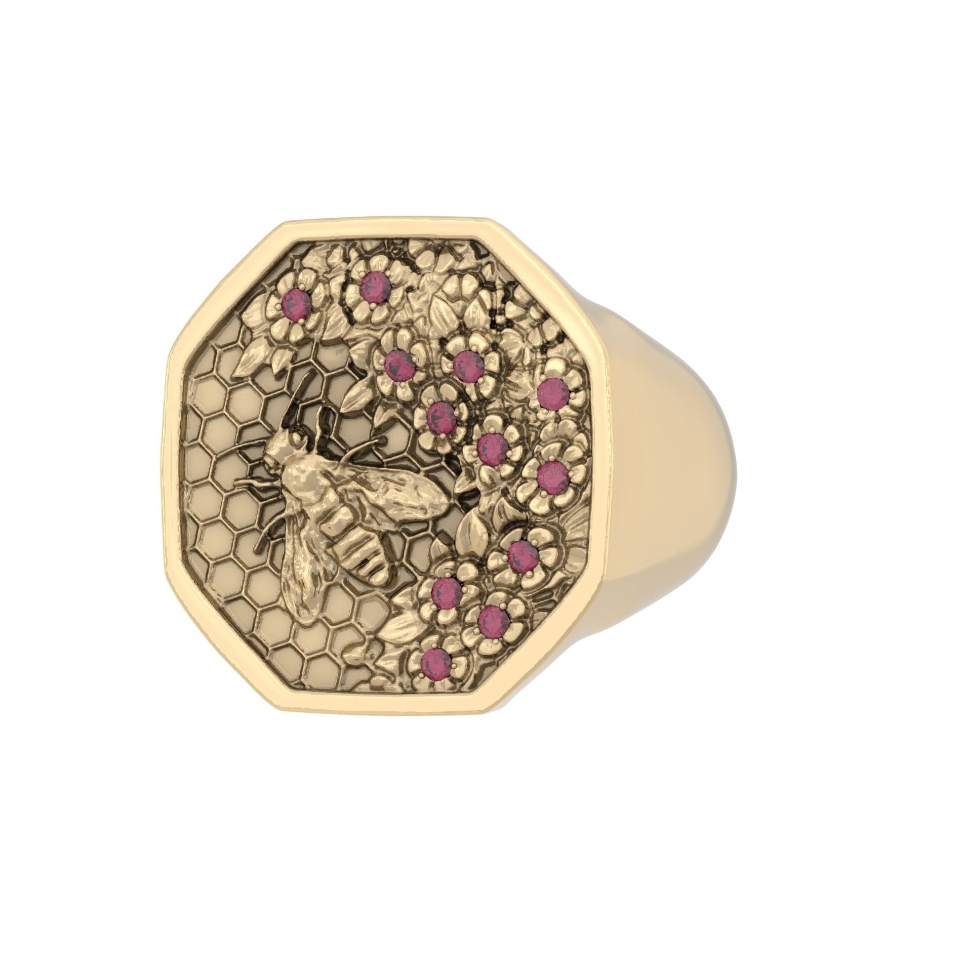 Honeycomb Bee Signet Ring – Ruby | 9ct Yellow Gold - BeckonJewel