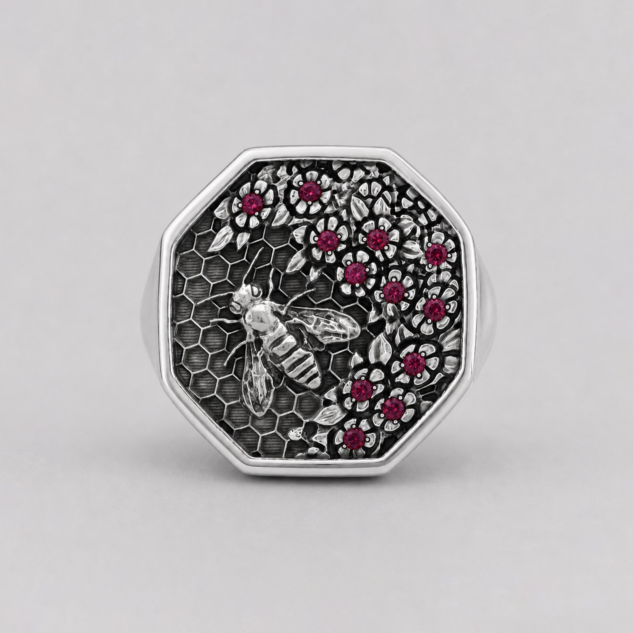 Honeycomb Bee Signet Ring – Ruby | Sterling Silver - BeckonJewel