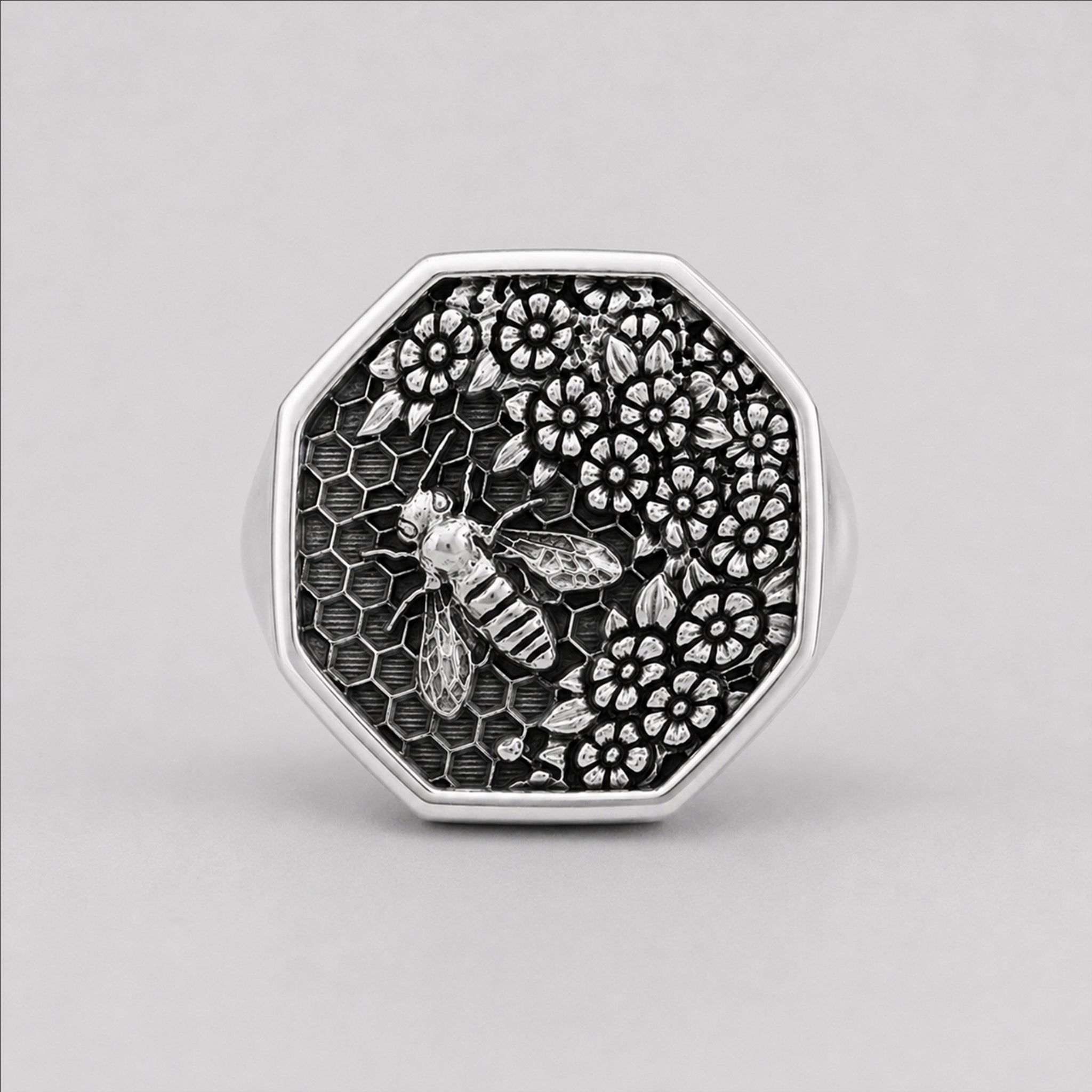 Honeycomb Bee Signet Ring | Sterling Silver - BeckonJewel