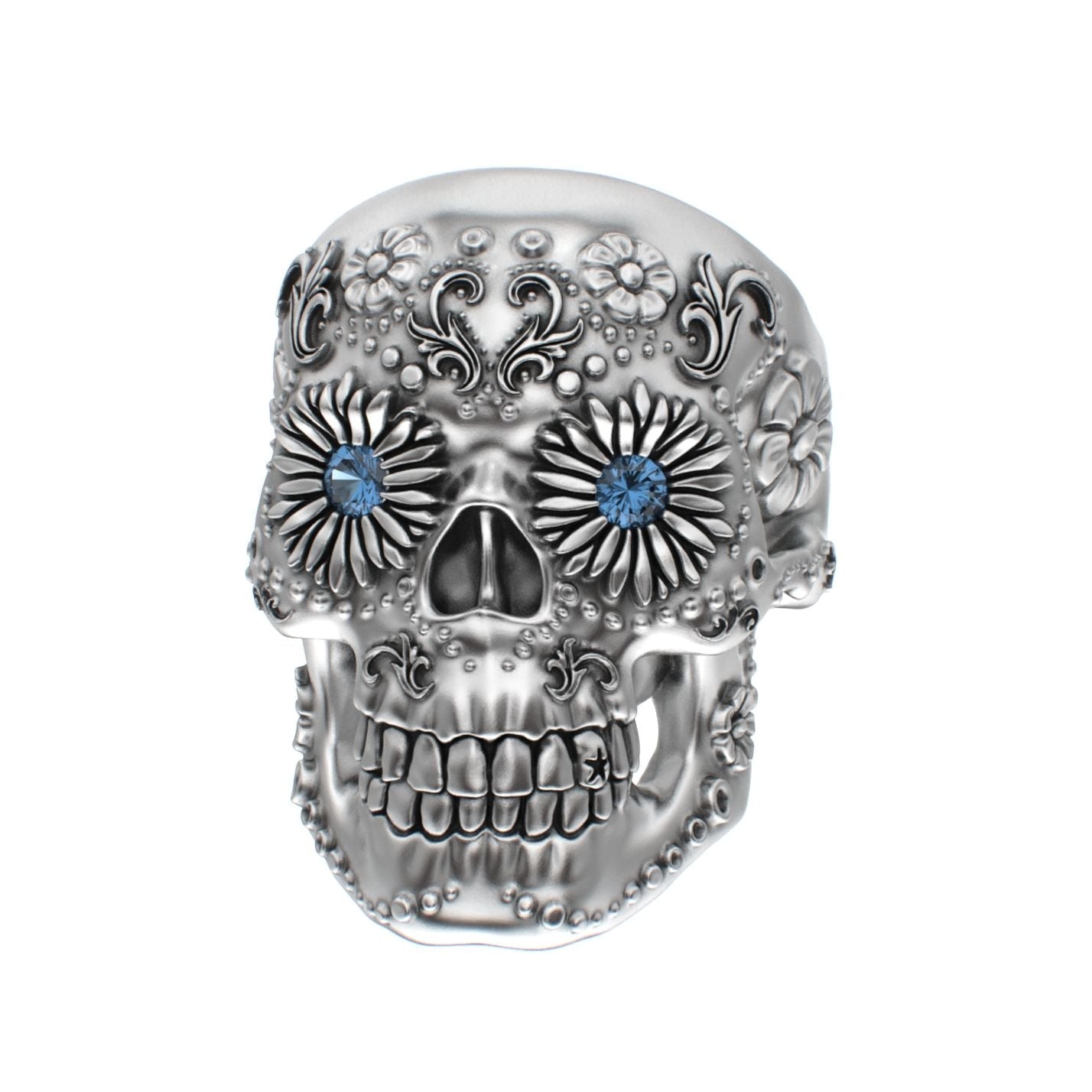 Large Sugar Skull Ring - 925 Silver - Blue Sapphire Eyes - BeckonJewel