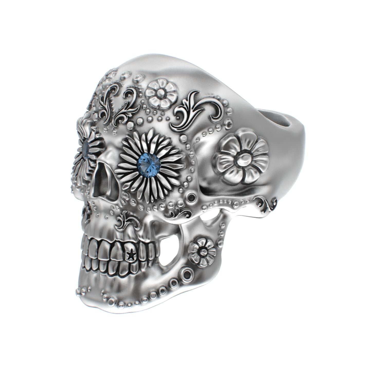 Large Sugar Skull Ring - 925 Silver - Blue Sapphire Eyes - BeckonJewel