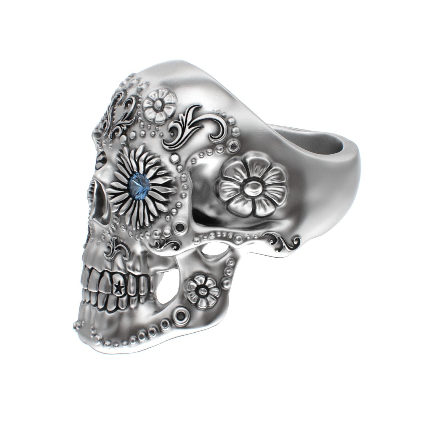 Large Sugar Skull Ring - 925 Silver - Blue Sapphire Eyes - BeckonJewel