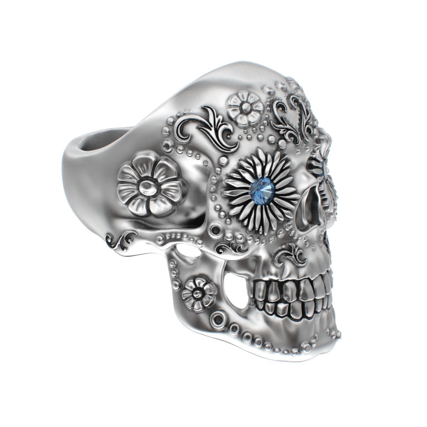 Large Sugar Skull Ring - 925 Silver - Blue Sapphire Eyes - BeckonJewel