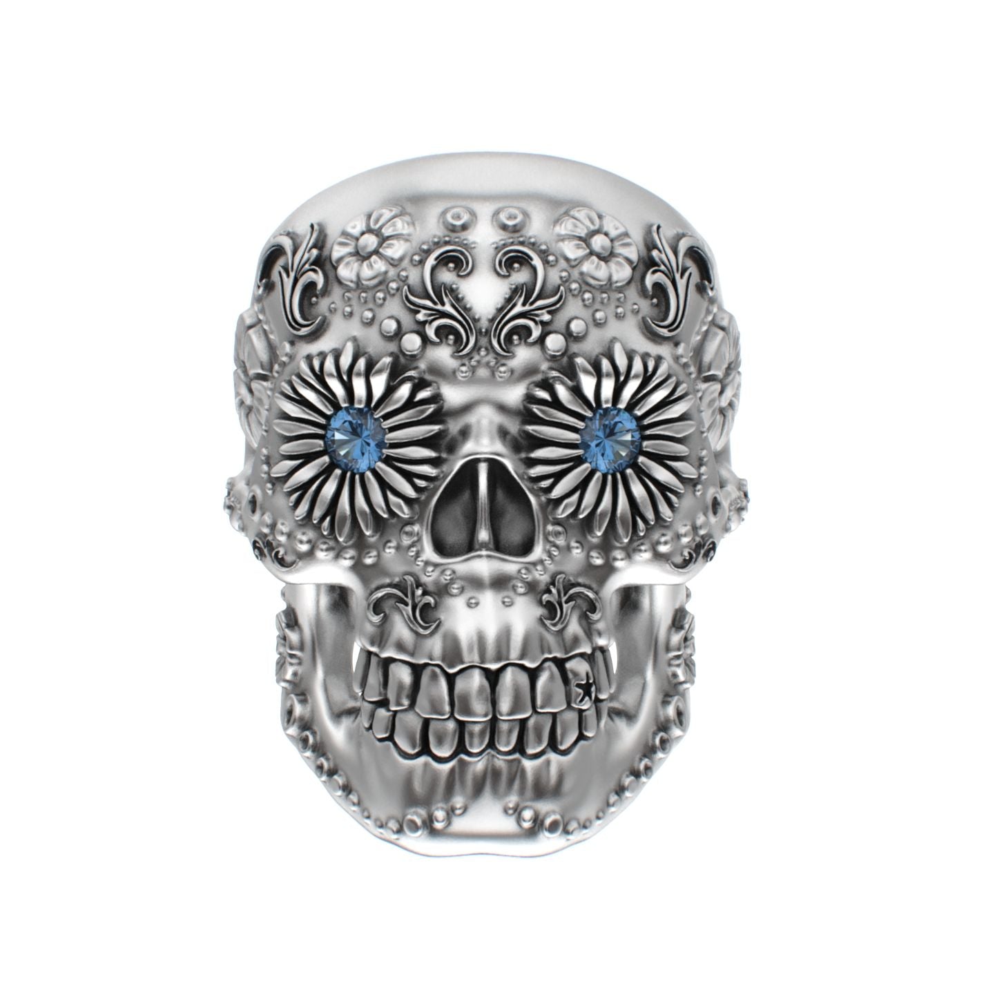 Large Sugar Skull Ring - 925 Silver - Blue Sapphire Eyes - BeckonJewel