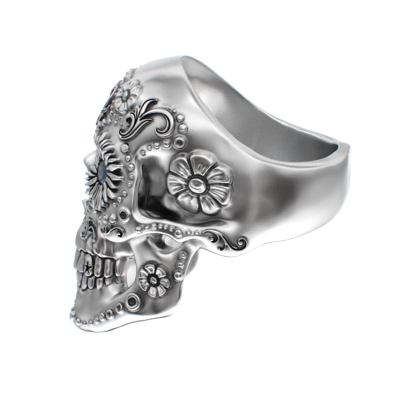 Large Sugar Skull Ring - 925 Silver - Blue Sapphire Eyes - BeckonJewel