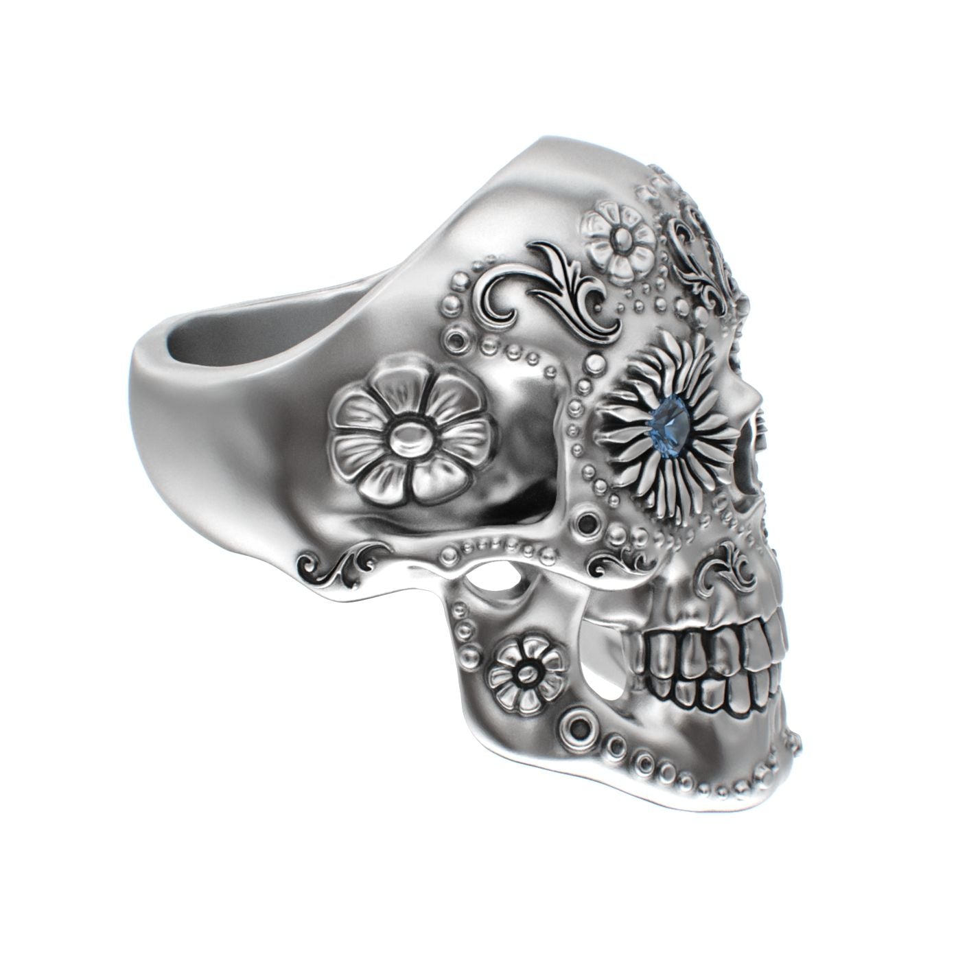 Large Sugar Skull Ring - 925 Silver - Blue Sapphire Eyes - BeckonJewel