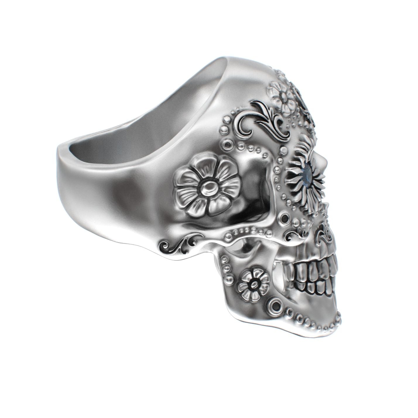 Large Sugar Skull Ring - 925 Silver - Blue Sapphire Eyes - BeckonJewel