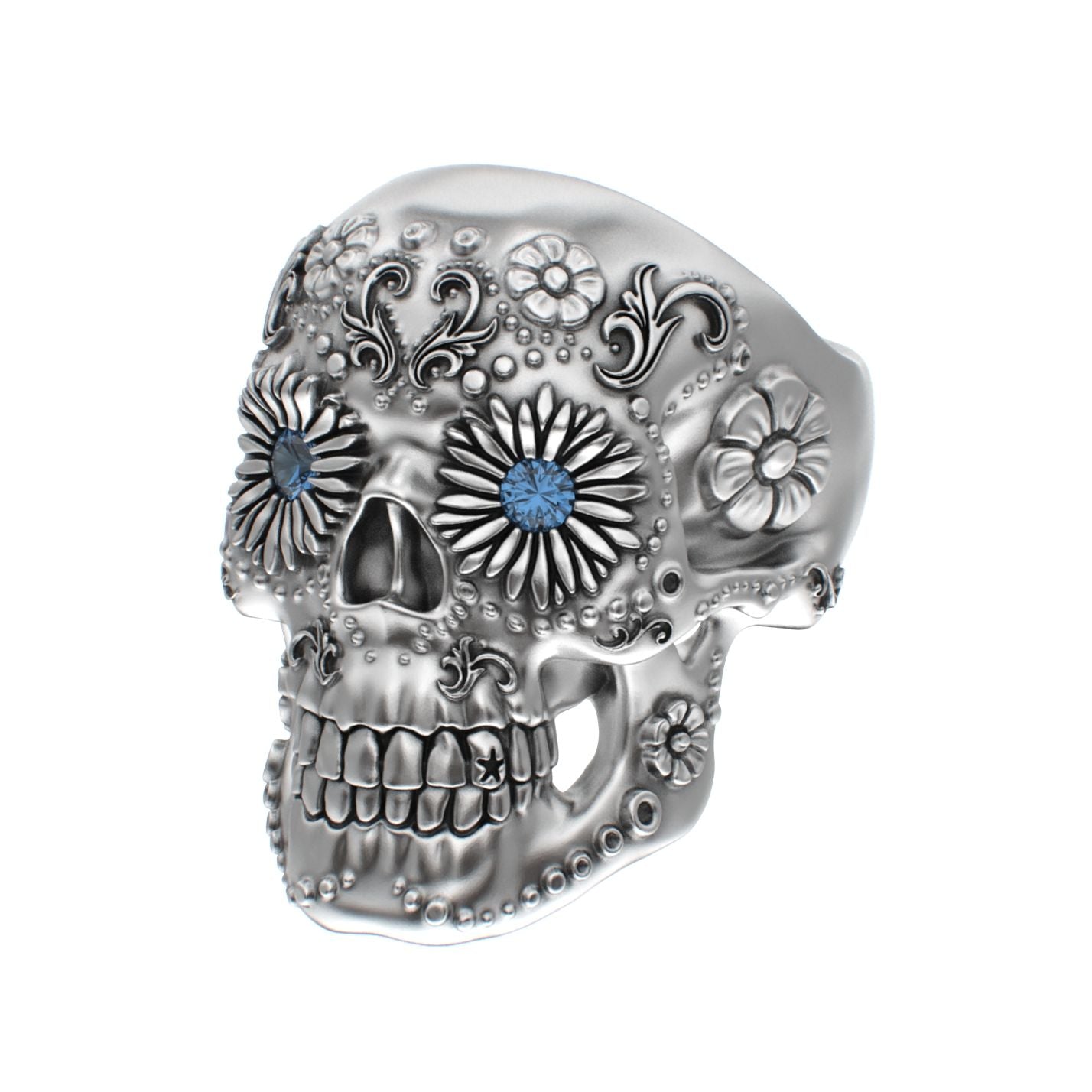 Large Sugar Skull Ring - 925 Silver - Blue Sapphire Eyes - BeckonJewel