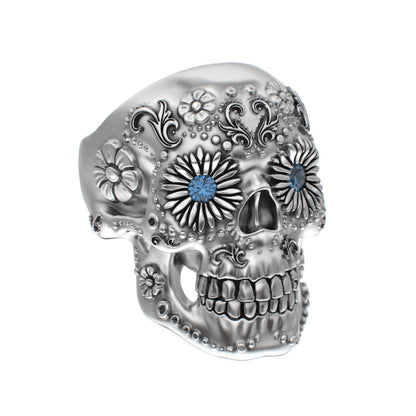 Large Sugar Skull Ring - 925 Silver - Blue Sapphire Eyes - BeckonJewel