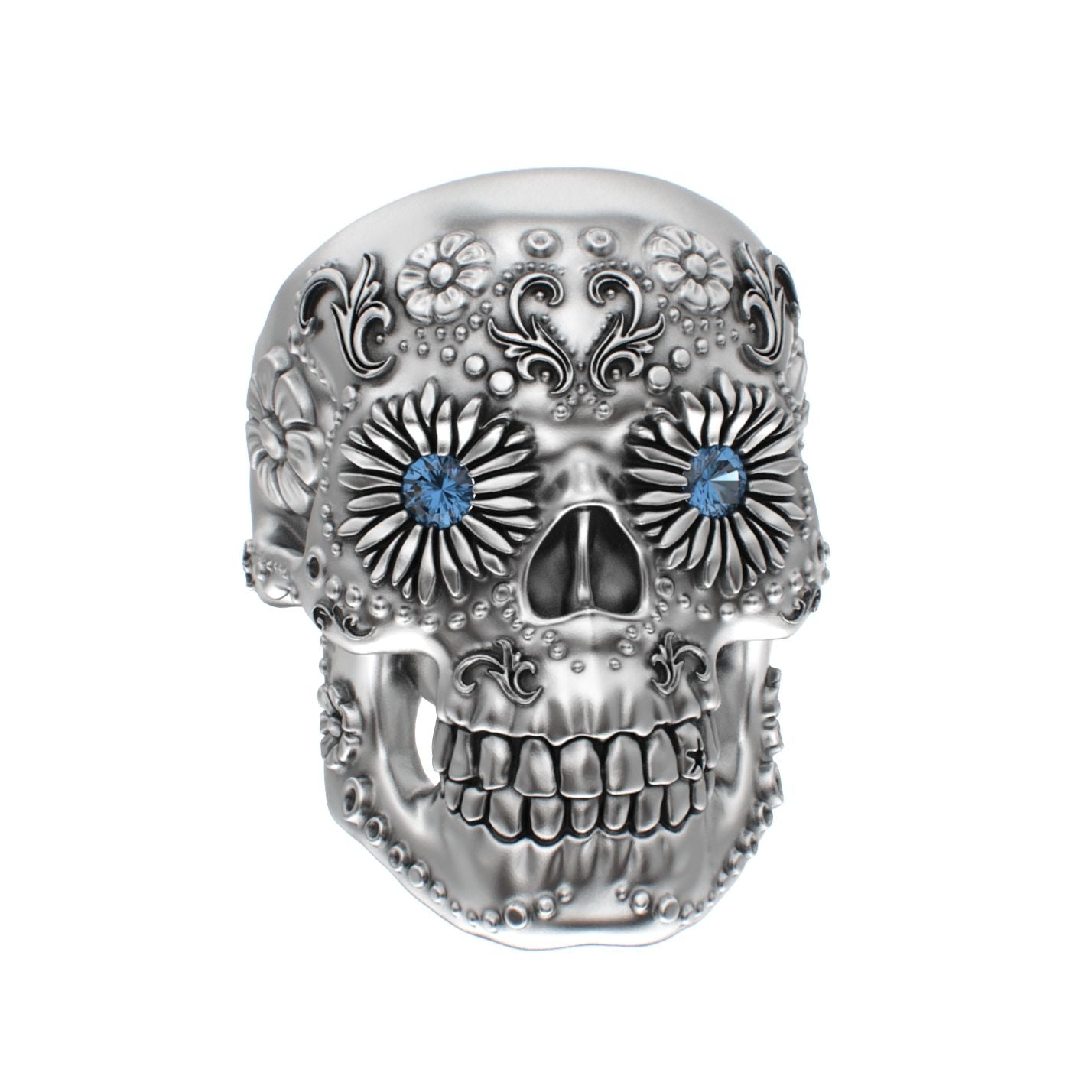 Large Sugar Skull Ring - 925 Silver - Blue Sapphire Eyes - BeckonJewel