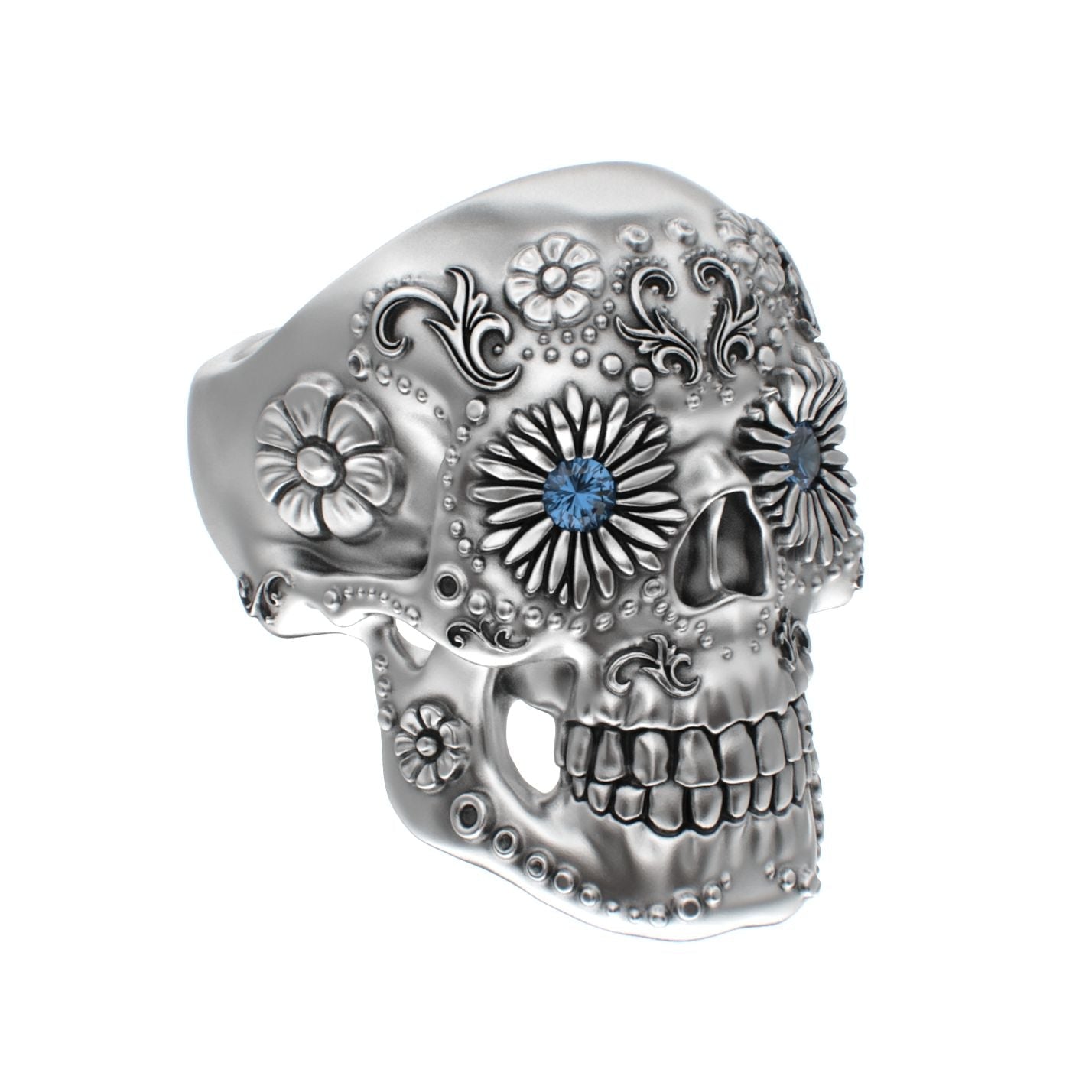 Large Sugar Skull Ring - 925 Silver - Blue Sapphire Eyes - BeckonJewel