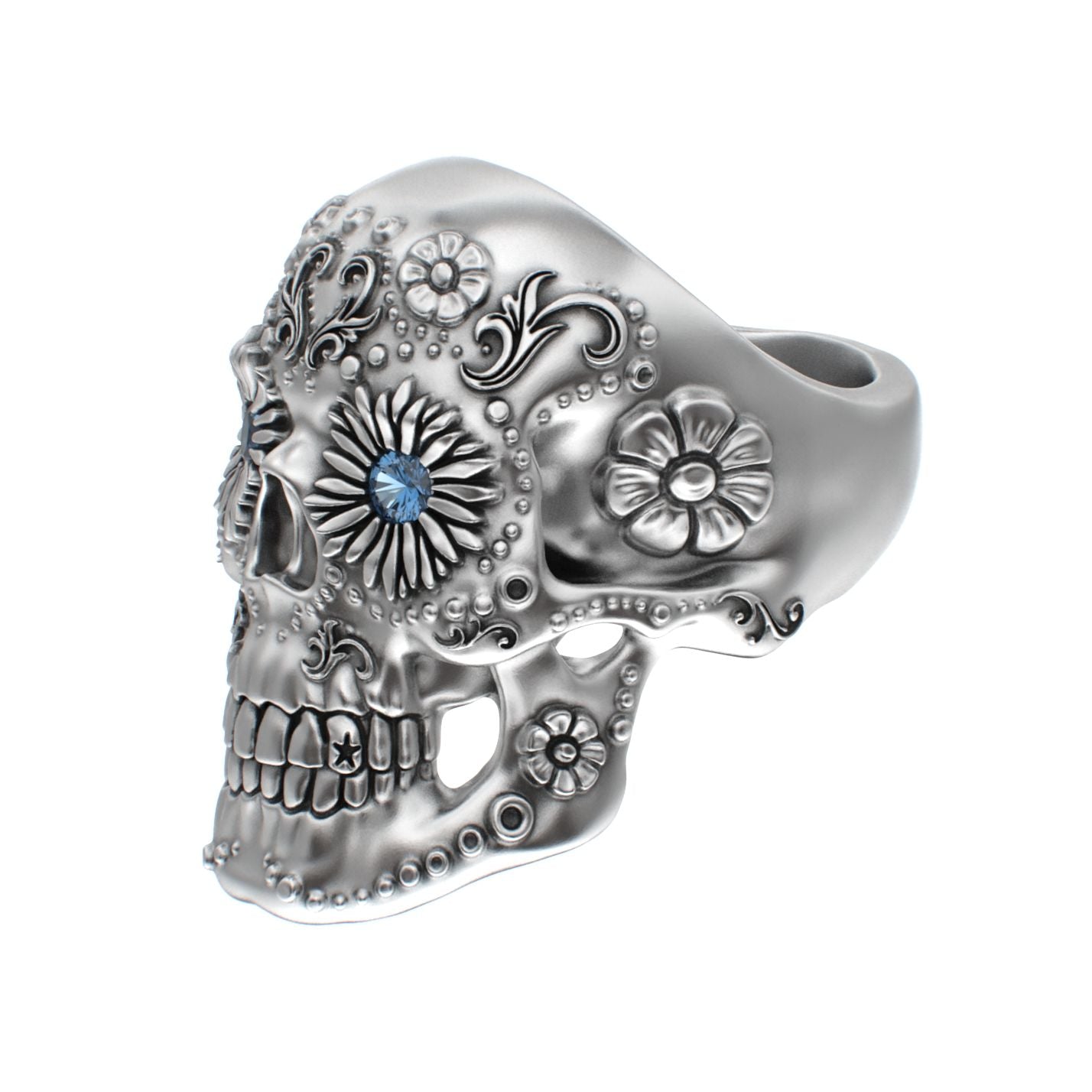 Large Sugar Skull Ring - 925 Silver - Blue Sapphire Eyes - BeckonJewel