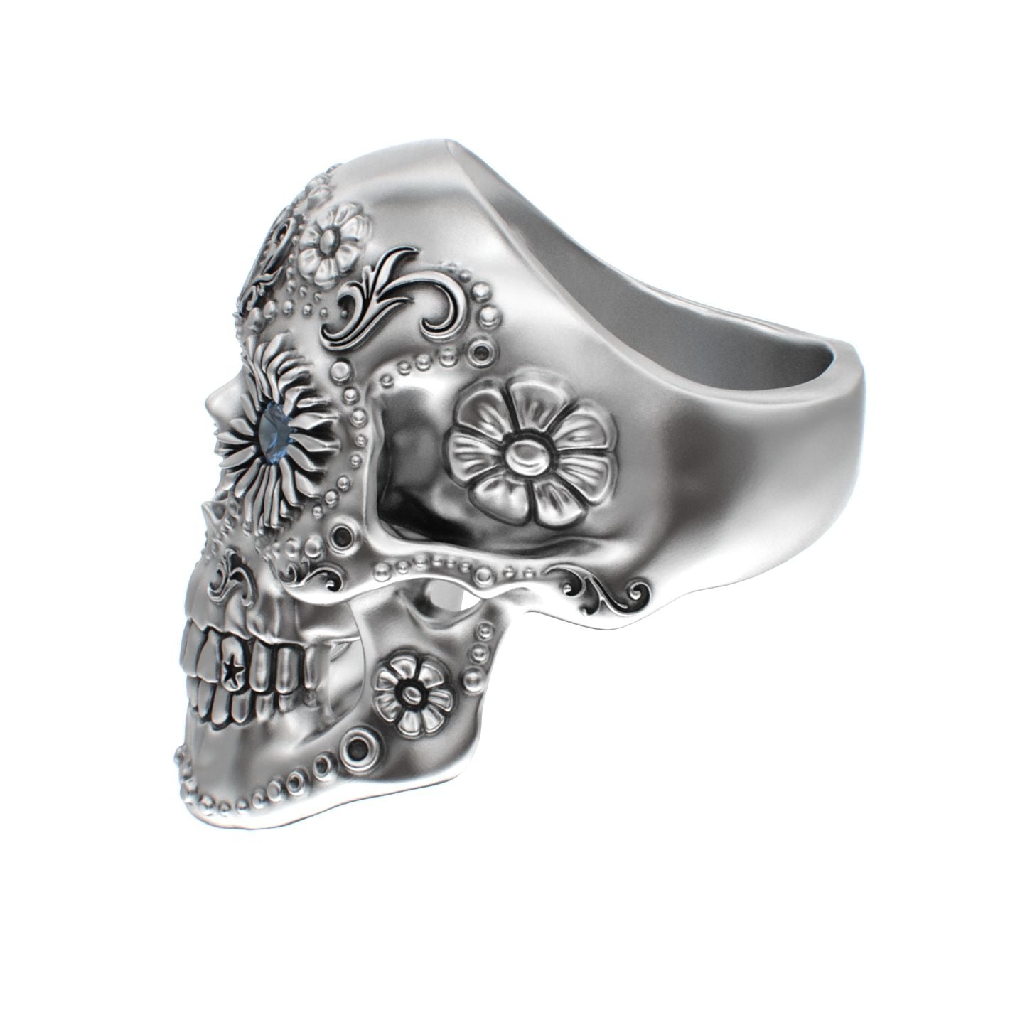 Large Sugar Skull Ring - 925 Silver - Blue Sapphire Eyes - BeckonJewel