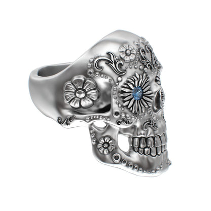 Large Sugar Skull Ring - 925 Silver - Blue Sapphire Eyes - BeckonJewel