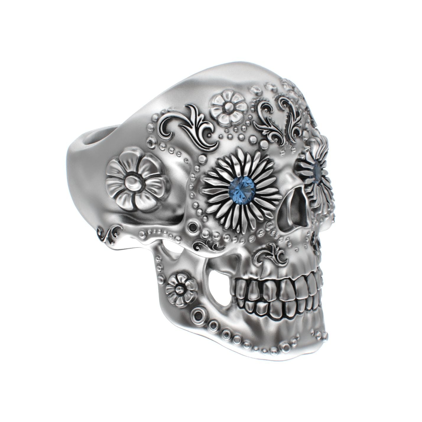 Large Sugar Skull Ring - 925 Silver - Blue Sapphire Eyes - BeckonJewel