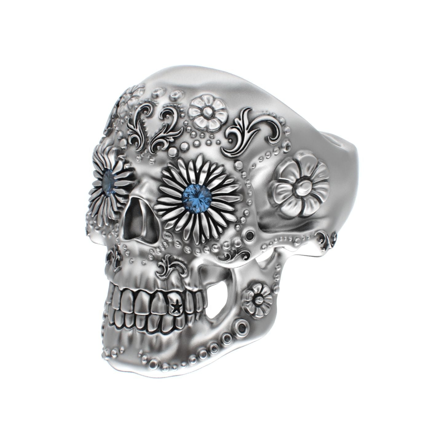 Large Sugar Skull Ring - 925 Silver - Blue Sapphire Eyes - BeckonJewel