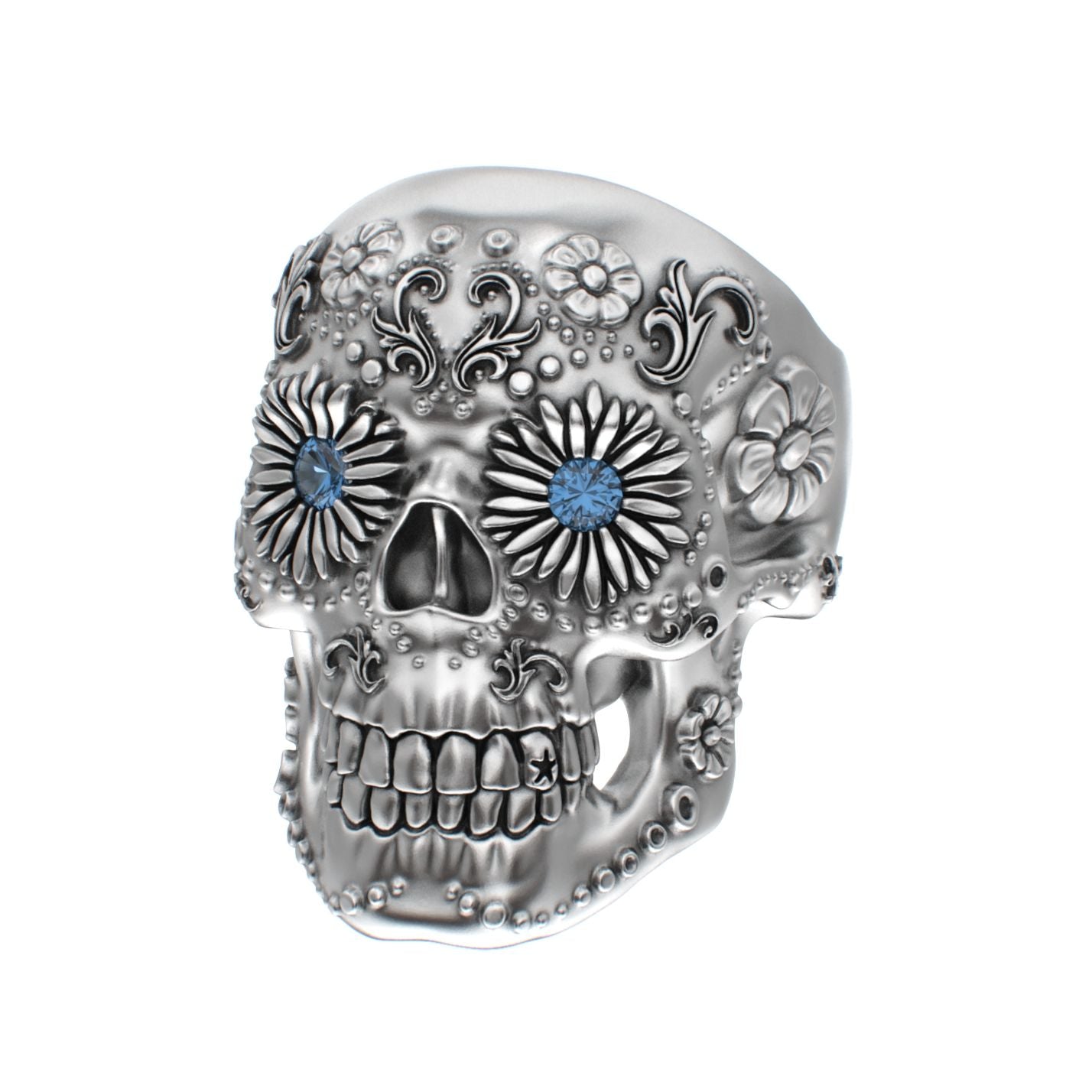 Large Sugar Skull Ring - 925 Silver - Blue Sapphire Eyes - BeckonJewel