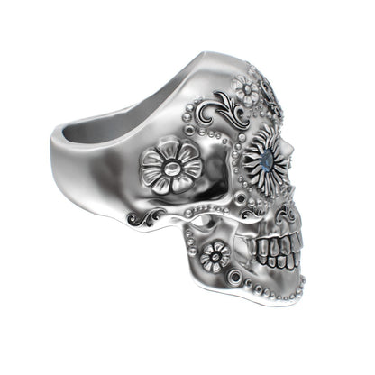 Large Sugar Skull Ring - 925 Silver - Blue Sapphire Eyes - BeckonJewel