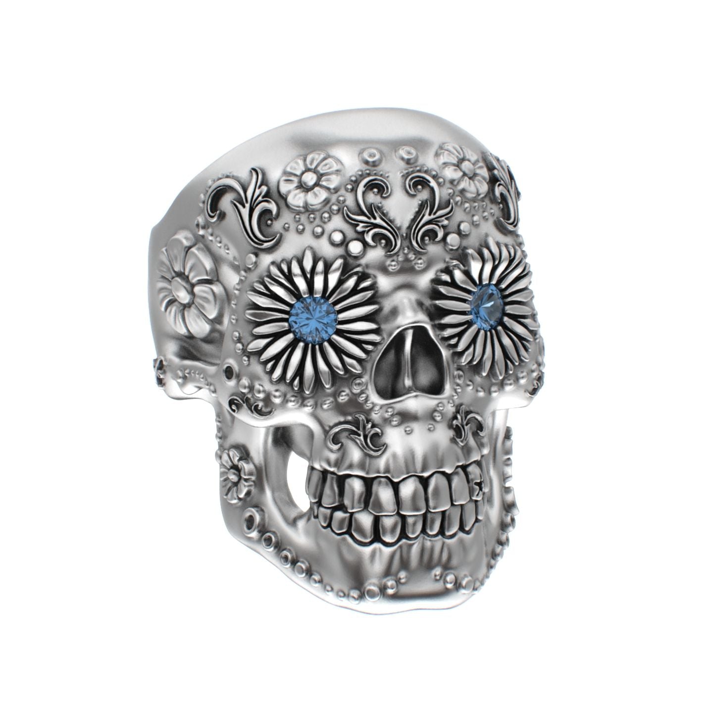 Large Sugar Skull Ring - 925 Silver - Blue Sapphire Eyes - BeckonJewel