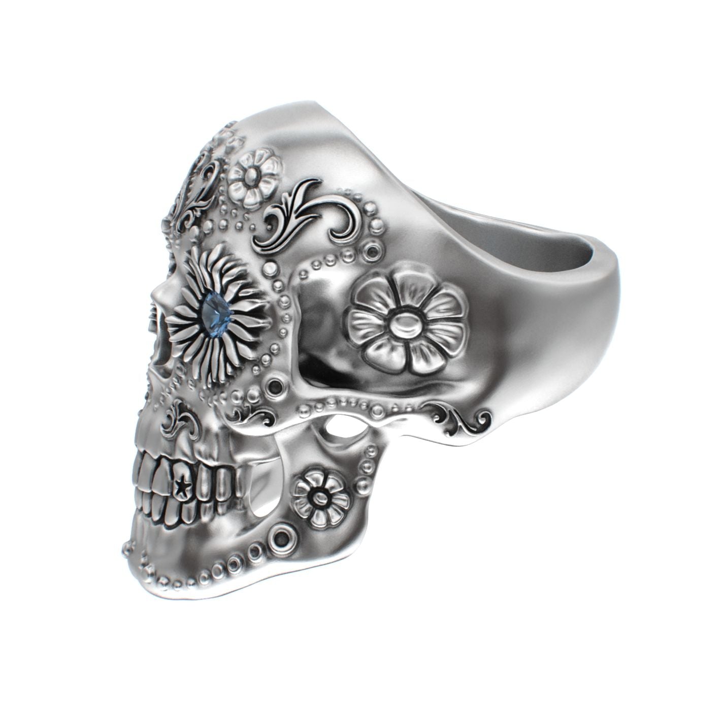 Large Sugar Skull Ring - 925 Silver - Blue Sapphire Eyes - BeckonJewel