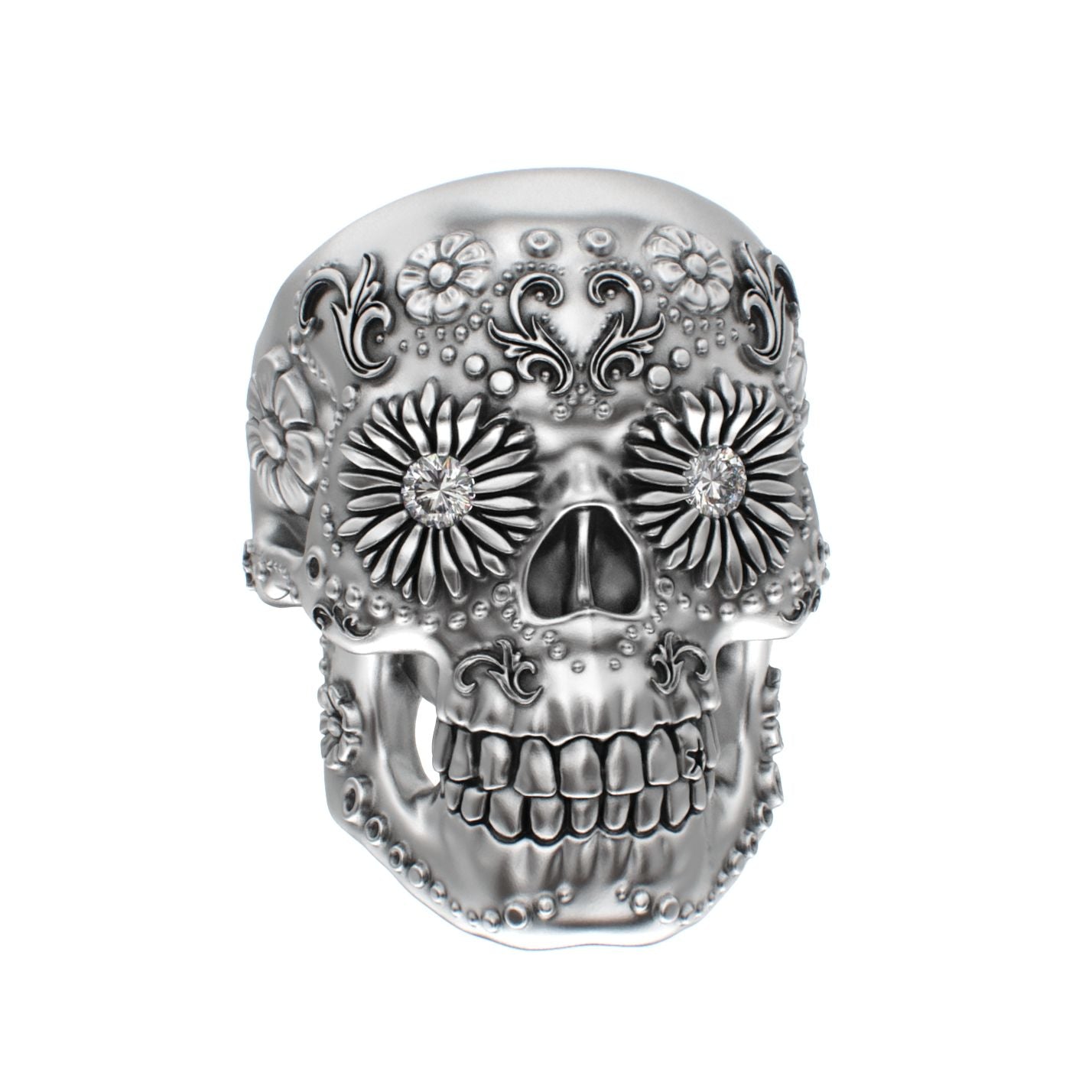 Large Sugar Skull Ring - 925 Silver - Diamond Eyes - BeckonJewel