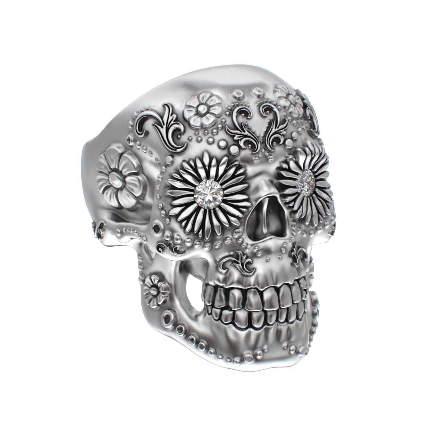 Large Sugar Skull Ring - 925 Silver - Diamond Eyes - BeckonJewel