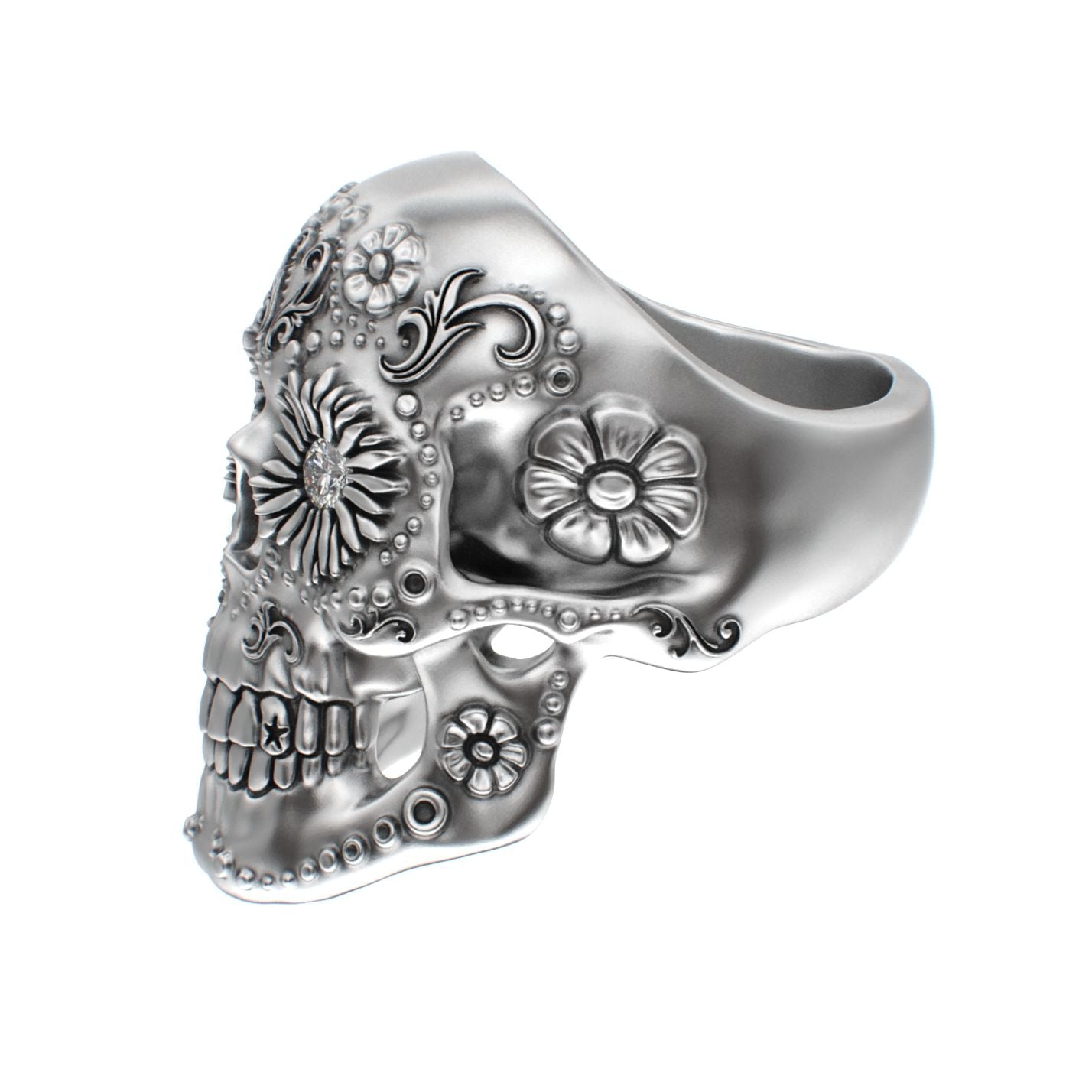 Large Sugar Skull Ring - 925 Silver - Diamond Eyes - BeckonJewel