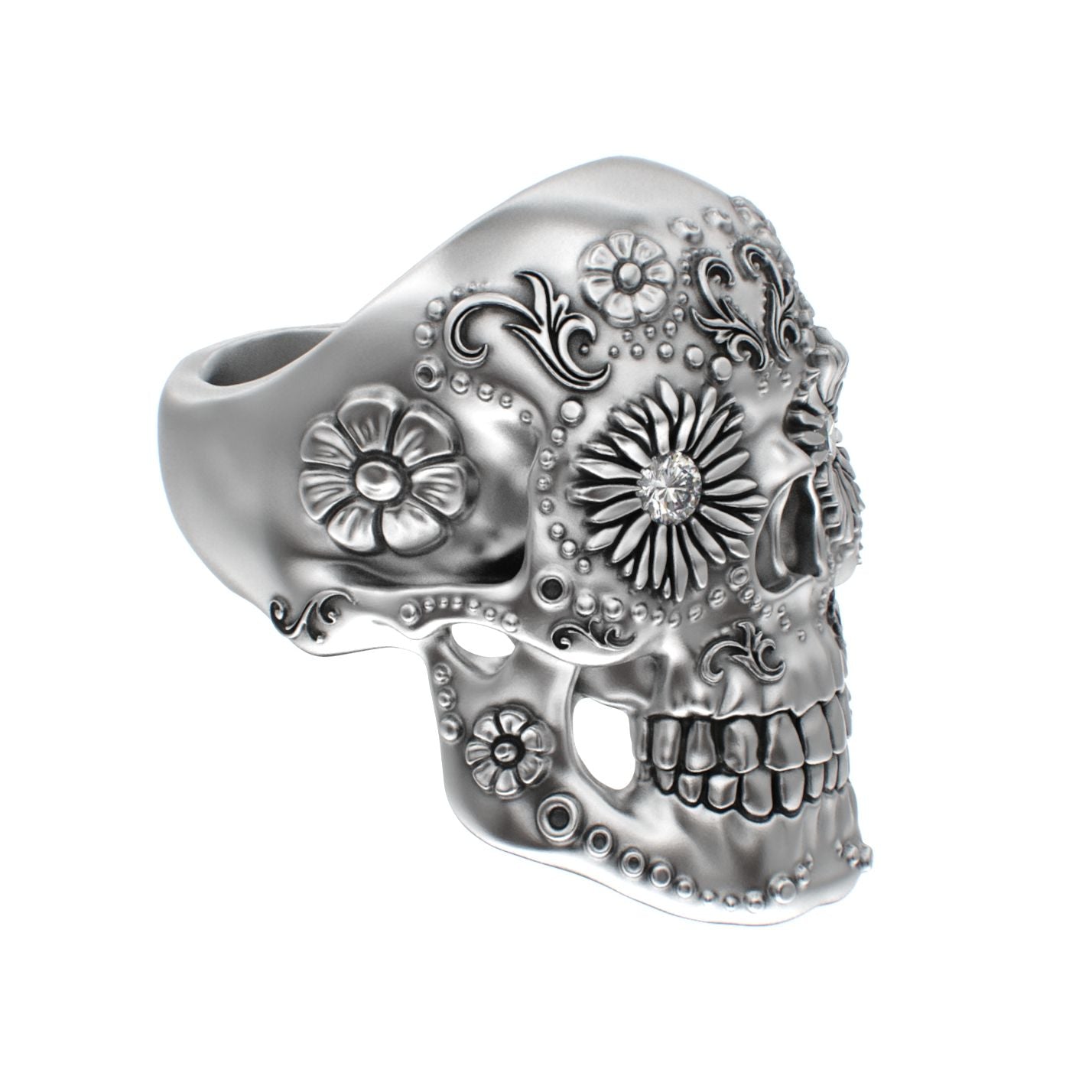 Large Sugar Skull Ring - 925 Silver - Diamond Eyes - BeckonJewel