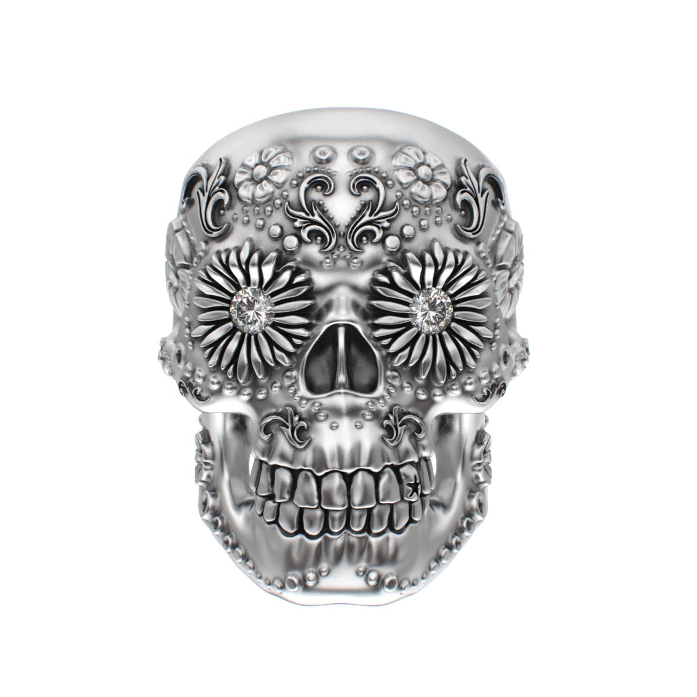 Large Sugar Skull Ring - 925 Silver - Diamond Eyes - BeckonJewel