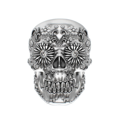 Large Sugar Skull Ring - 925 Silver - Diamond Eyes - BeckonJewel