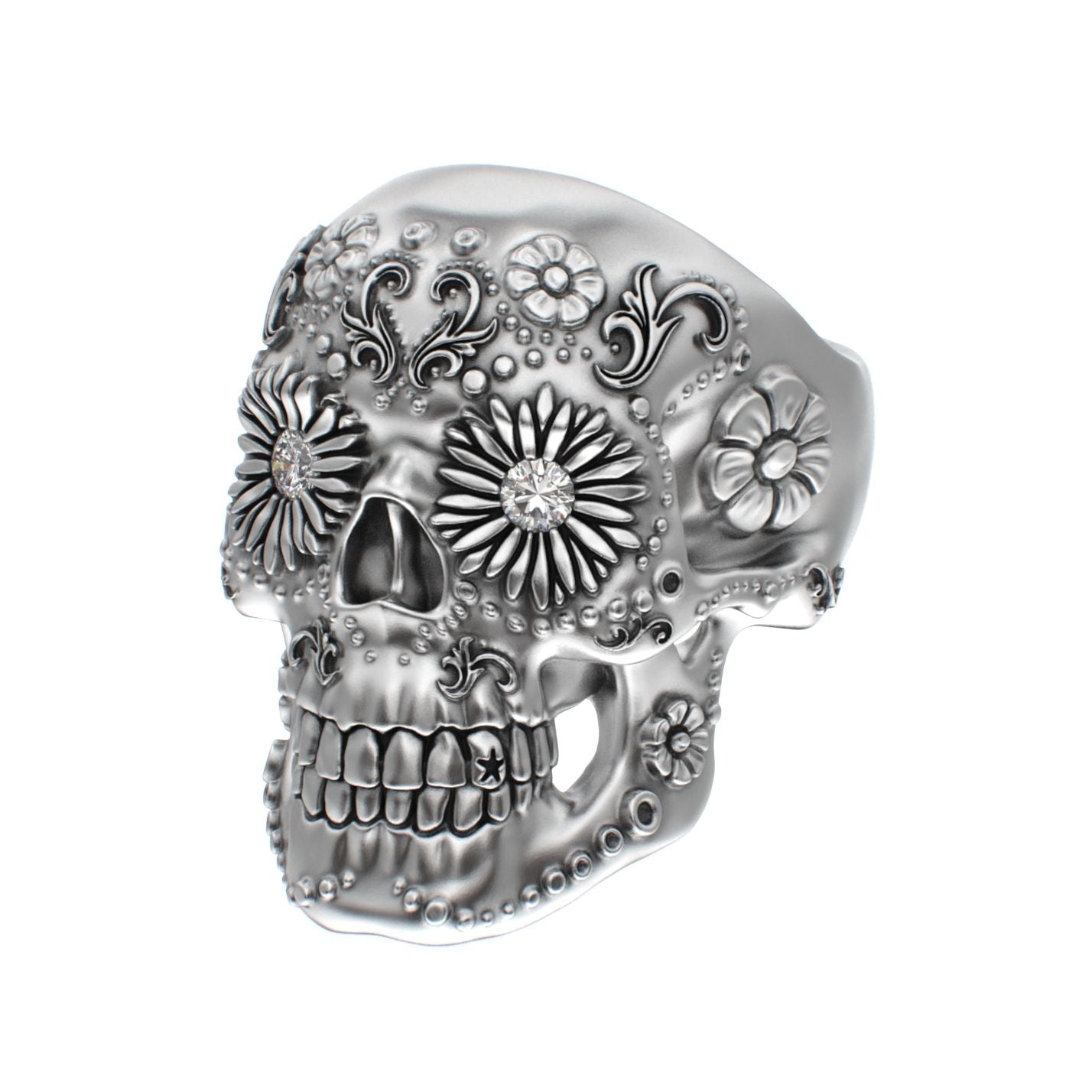 Large Sugar Skull Ring - 925 Silver - Diamond Eyes - BeckonJewel